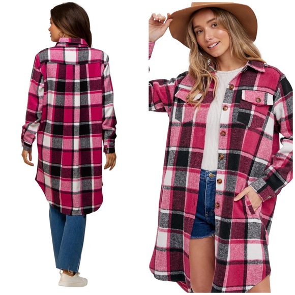 Red Plaid Womens Long Sleeve Fall Shacket | Oversized Button Down Jacket - Picture 1 of 7